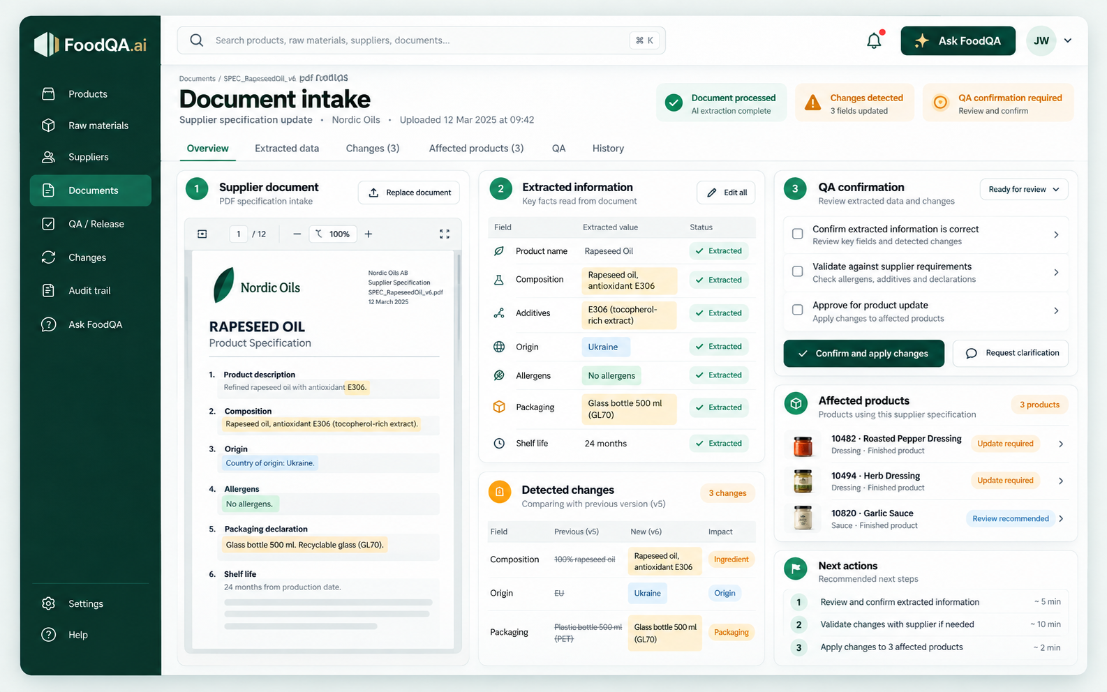 FoodQA Create Variant showing inherited evidence and focused re-review