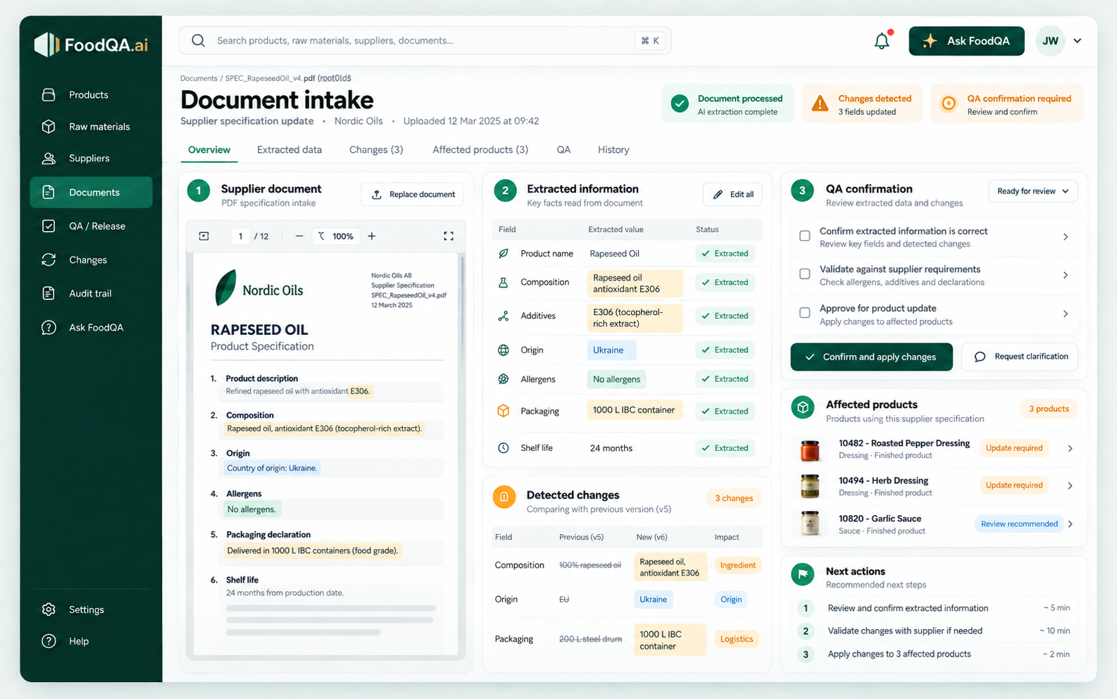 FoodQA document intake with extracted changes, QA confirmation and affected products